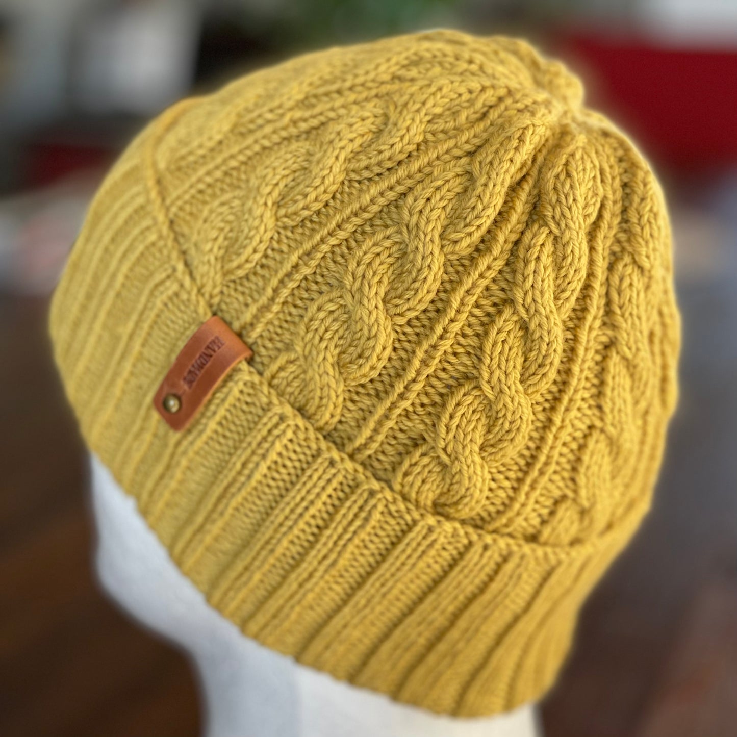 Dreamtime Cable Pattern Australian Merino Hand knitted Beanie - Mustard