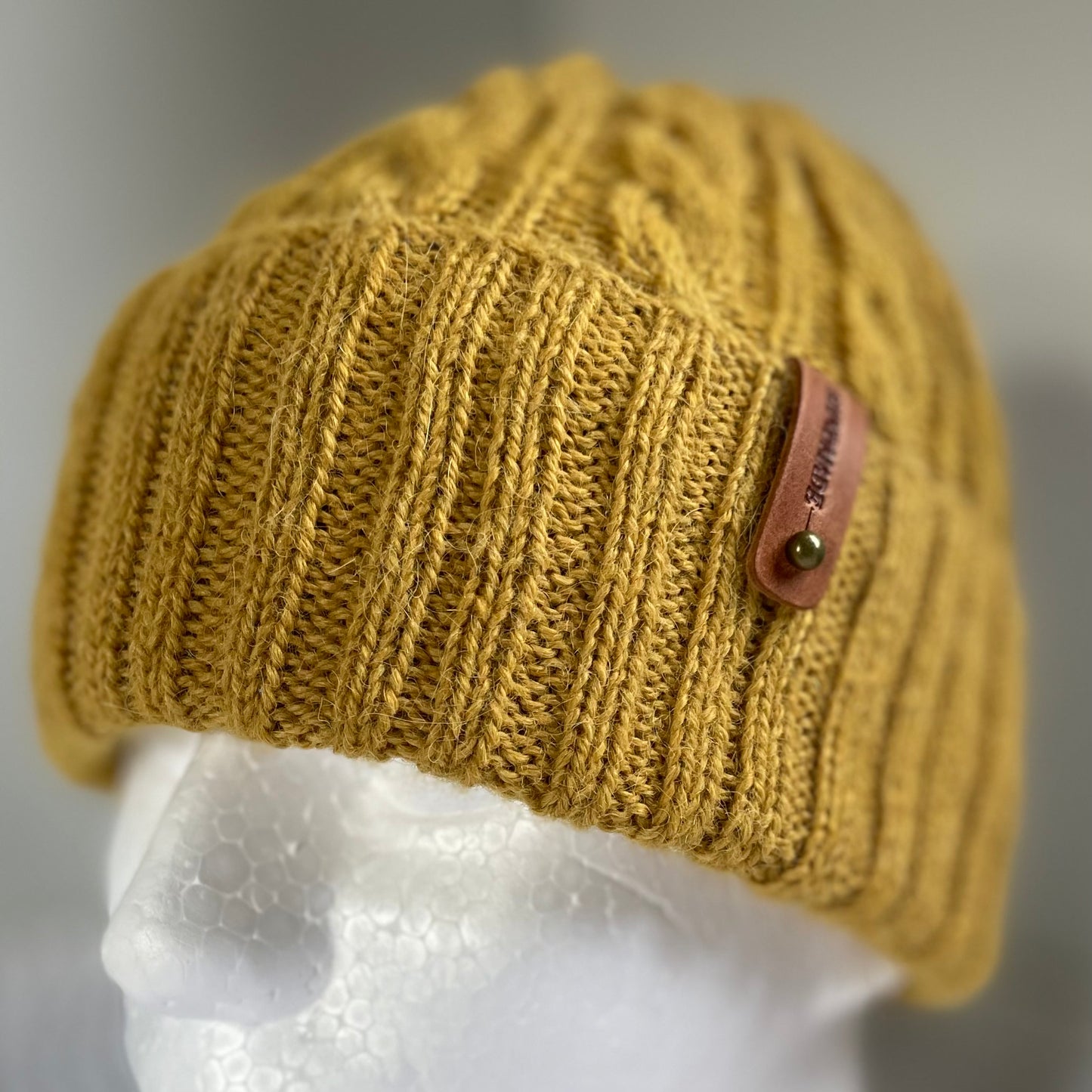 Heirloom Cable Pattern Australian Alpaca Hand Knitted Beanie - Mustard