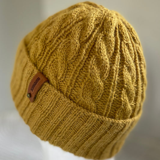 Heirloom Cable Pattern Australian Alpaca Hand Knitted Beanie - Mustard