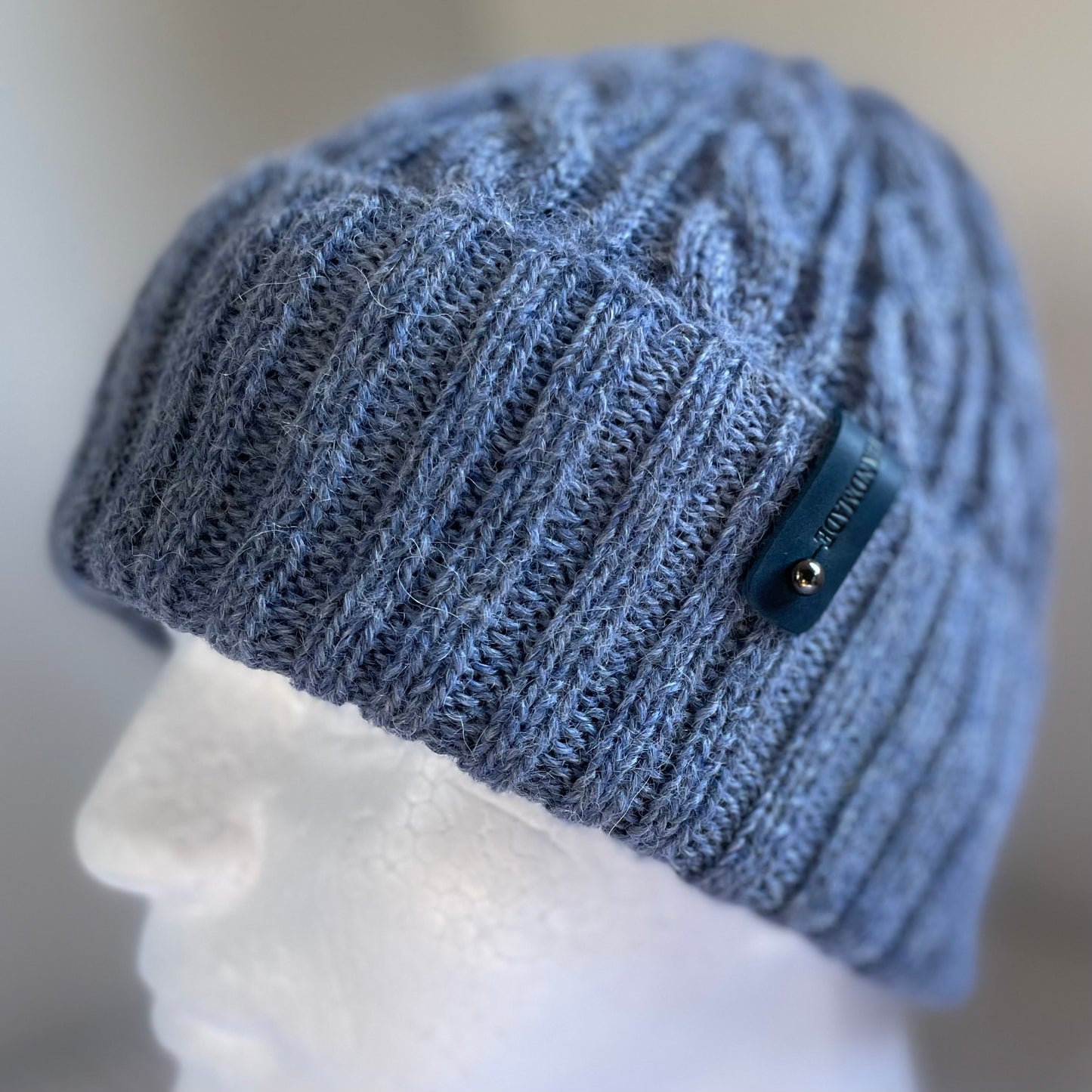 Heirloom Cable Pattern Australian Alpaca Hand Knitted Beanie - Blue Grey Heather
